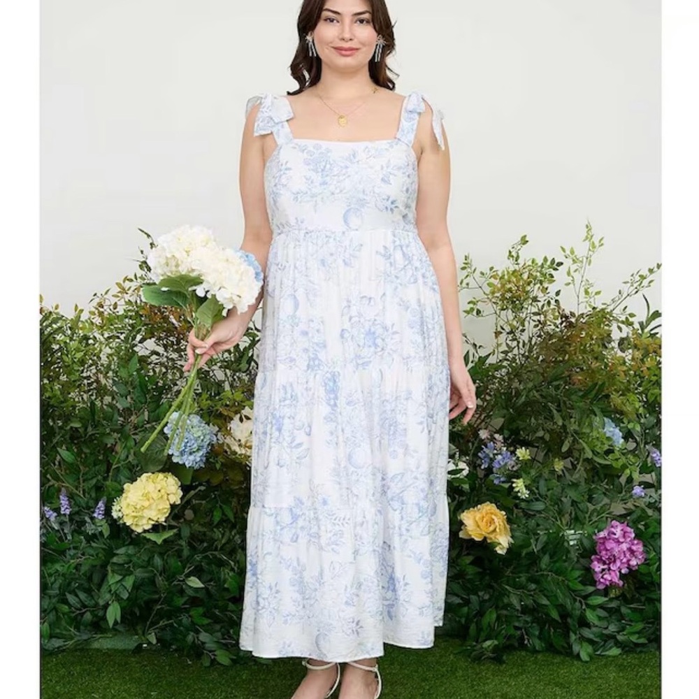 NWT Perch Blu Pepper Plus Floral Midi Dress Blue Ivory Tie Strap Sundress 2X - Picture 2 of 5
